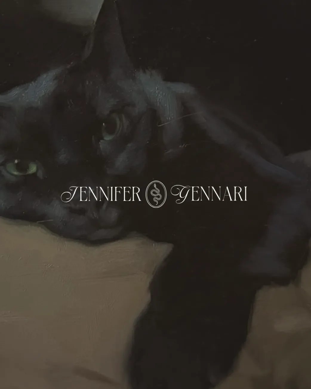 A black cat lying on a wooden surface with the Jennifer Gennari logo